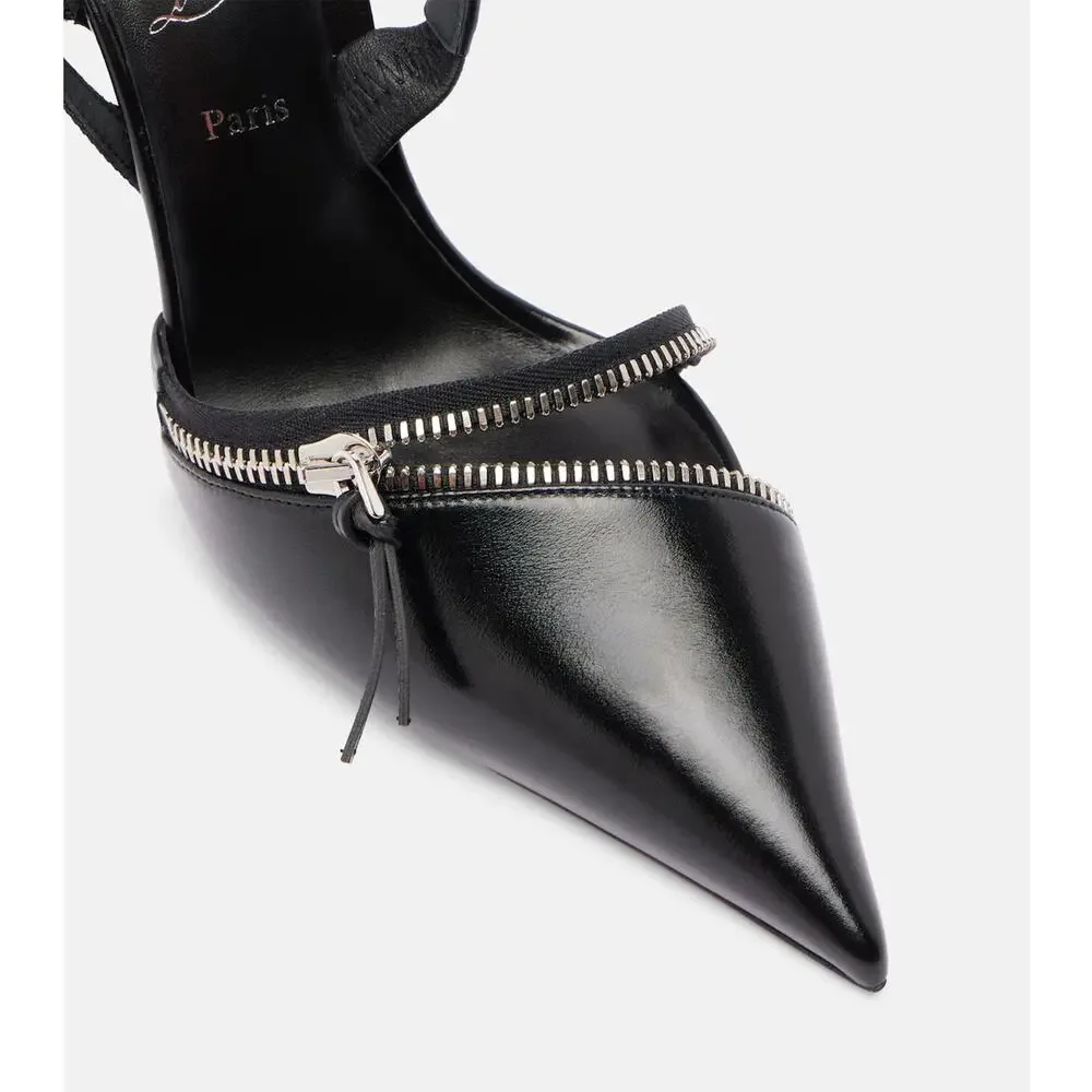 Christian Louboutin Slingyzip 100 Black Leather Zipper Slingback Heel Pump 38